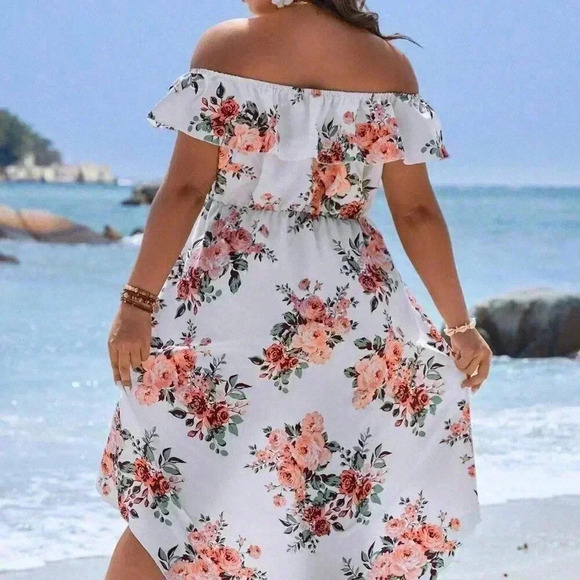 White Boho Women's Plus Size Floral Print Off Shoulder Wrap Hem Dress - Picture 2 of 4